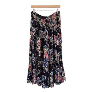 Vintage 90s Bila of California Tiered Floral Boho Maxi Skirt Black Multi L/XL